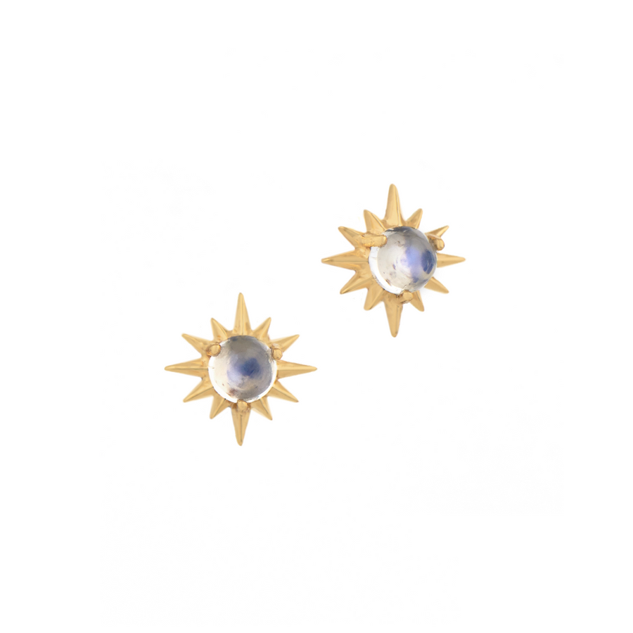 14K light yellow gold sun earrings with one round moonstone-Marisa Mason