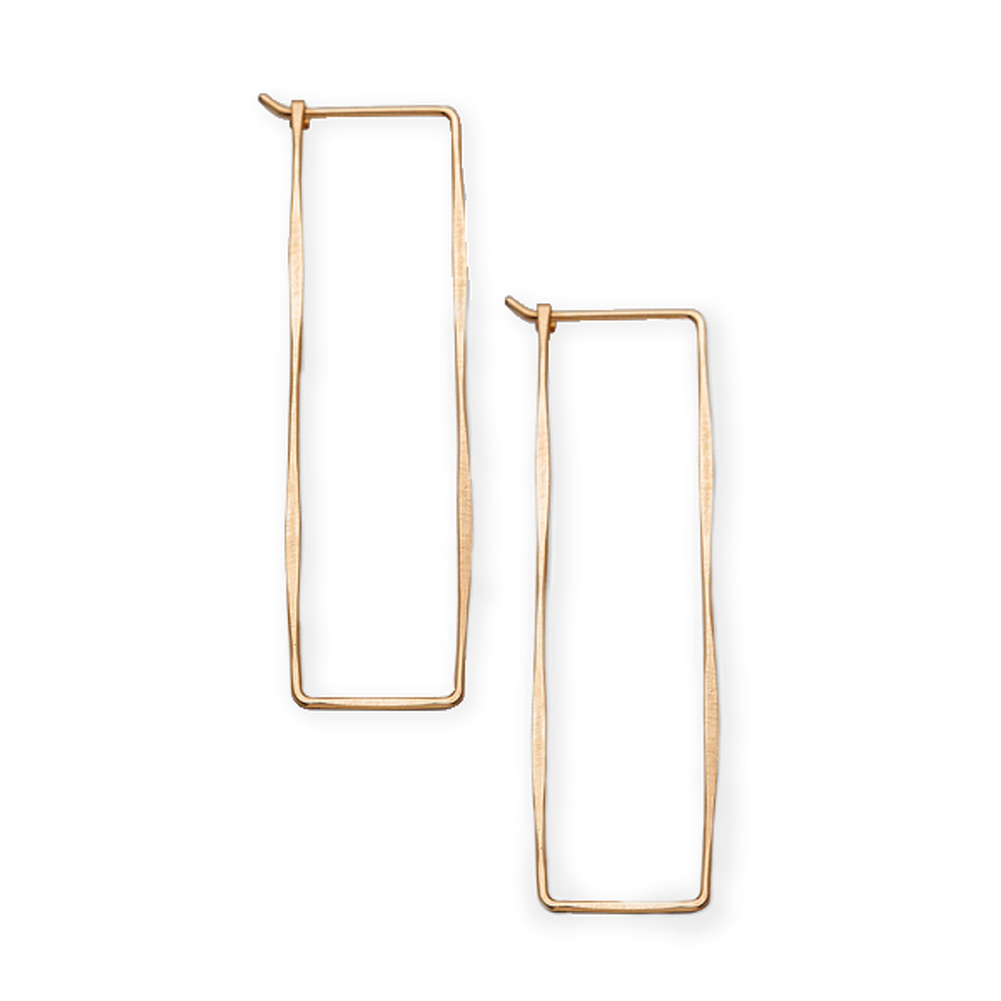 A thin hammered rectangle of gold-fill  lends a subtle element of structure and texture with a lightweight feel Fail Jewelry Rectangle Hoops-Fail-Marisa Mason Jewelry